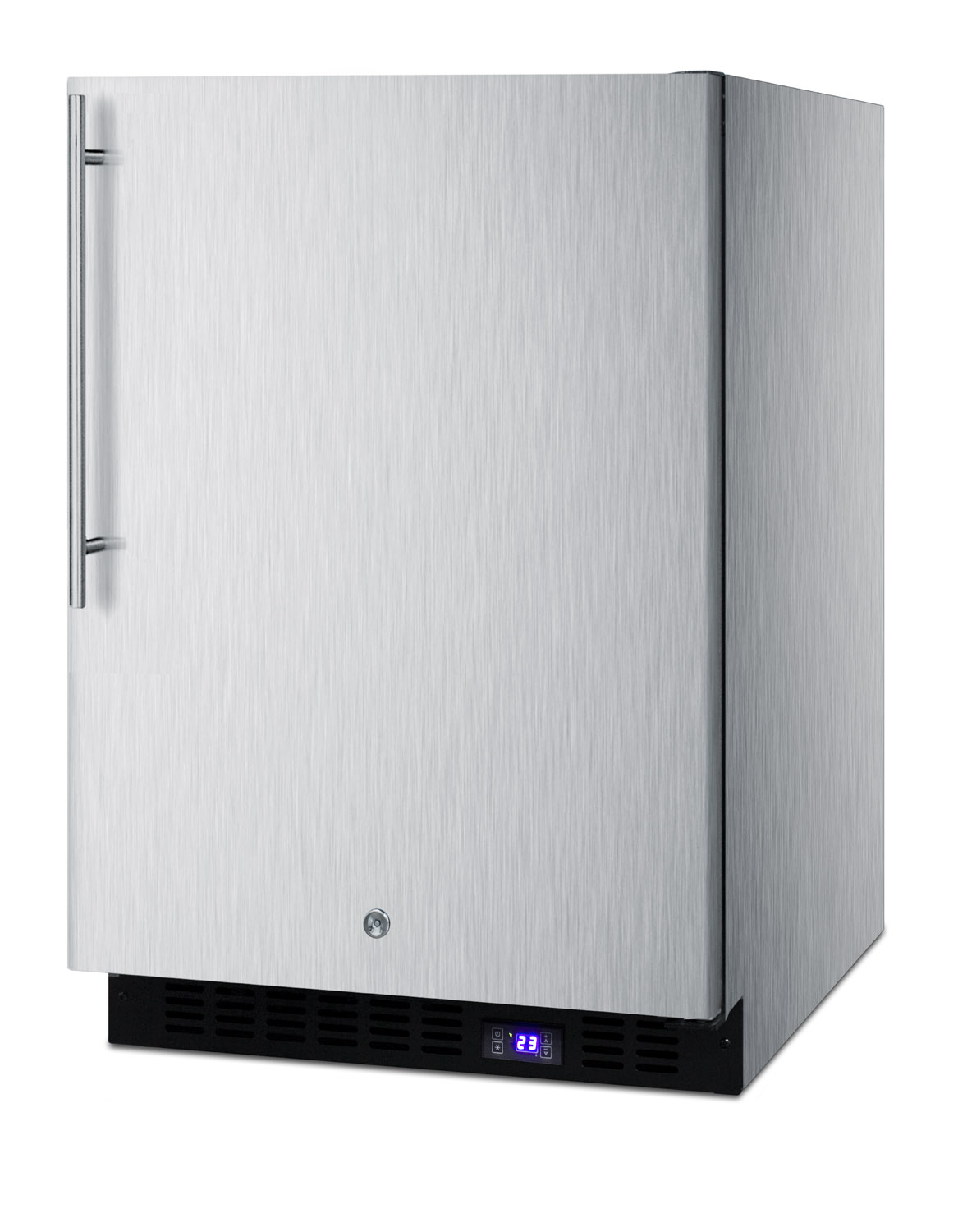 Frost-free outdoor all-freezer in complete stainless steel, w/digital thermostat, LED lighting, thin handle, and lock; built-in or freestanding